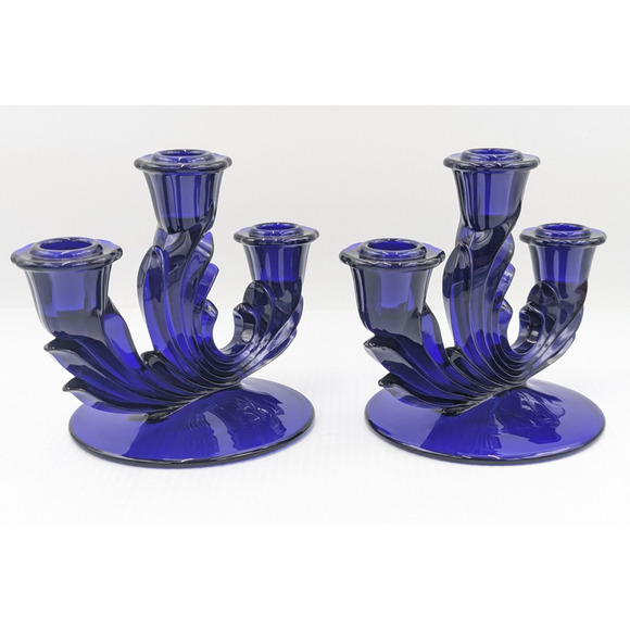 Fostoria Glass Baroque Regal Blue Cobalt 3 Light Candlestick Set of 2 Rare #2496 - Picture 4 of 12